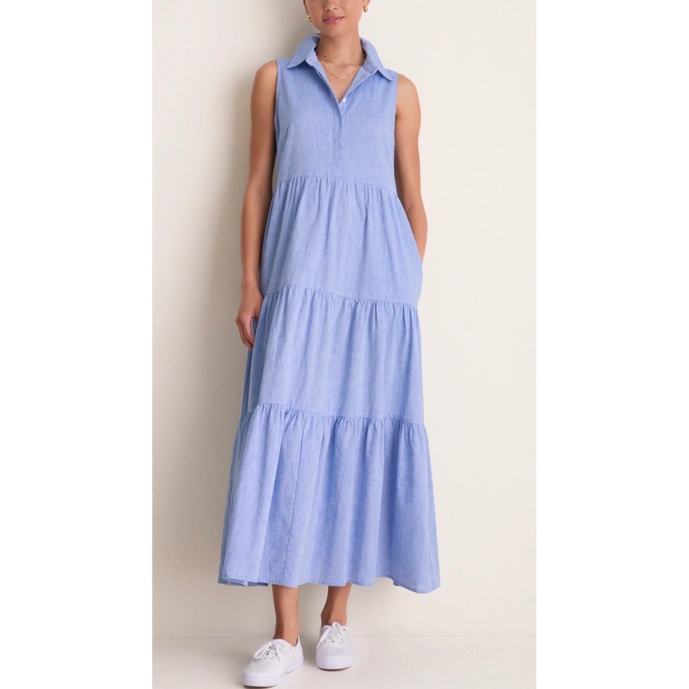 Pomander Place Blue Cotton Linen Tiered Sleeveless Maxi Dress XXL Cottagecore